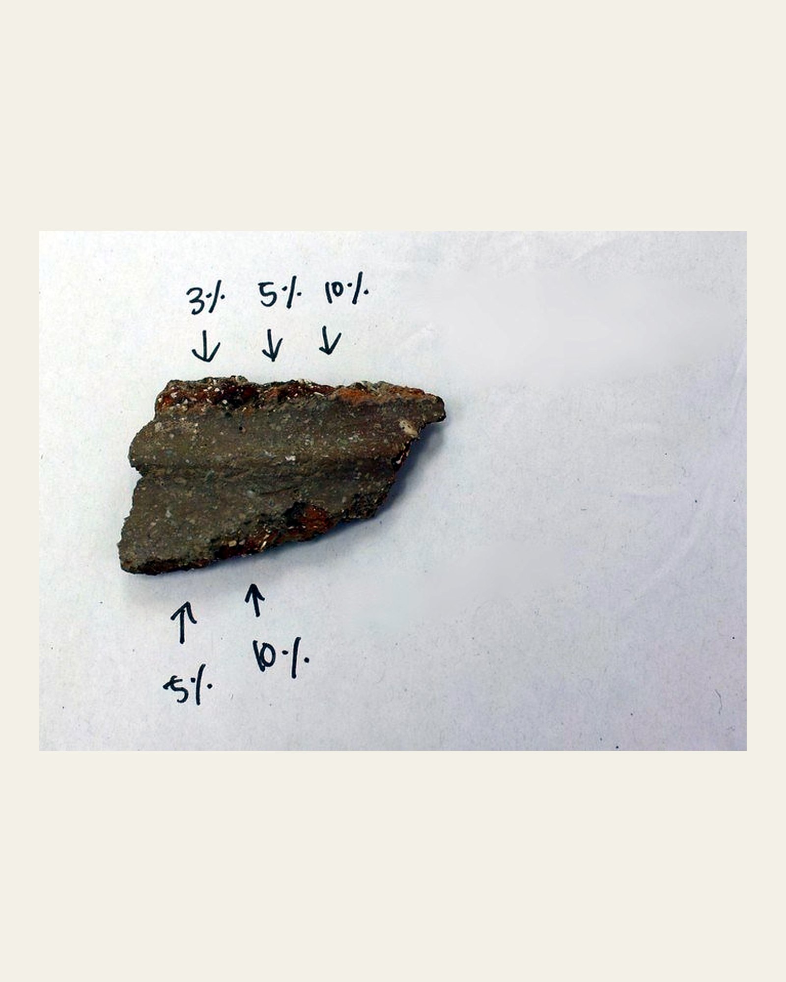 Sherd labelled with Paraloid B-72 consolidant concentrations for comparison.