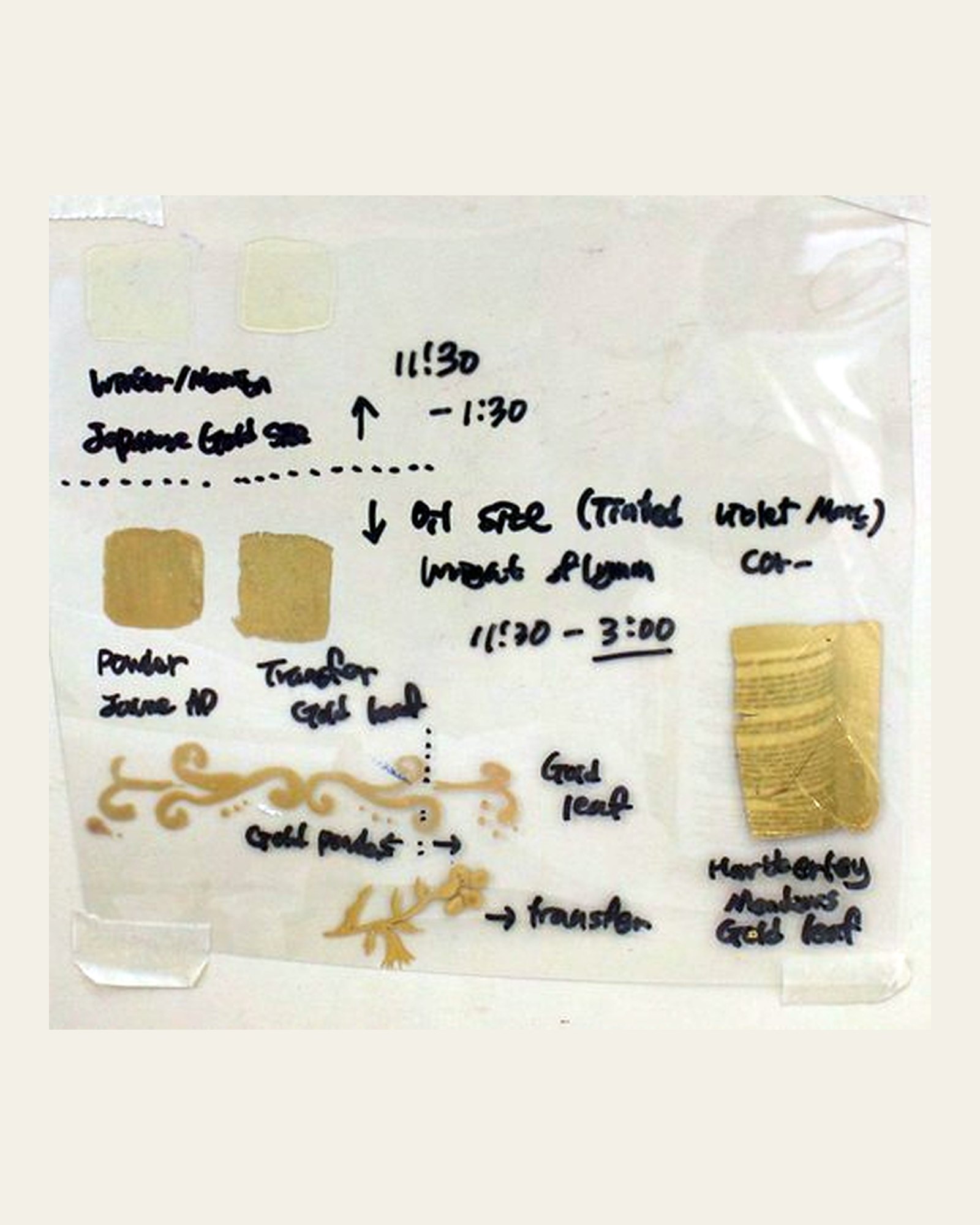 Gilding test samples using gold leaf and powdered gold.