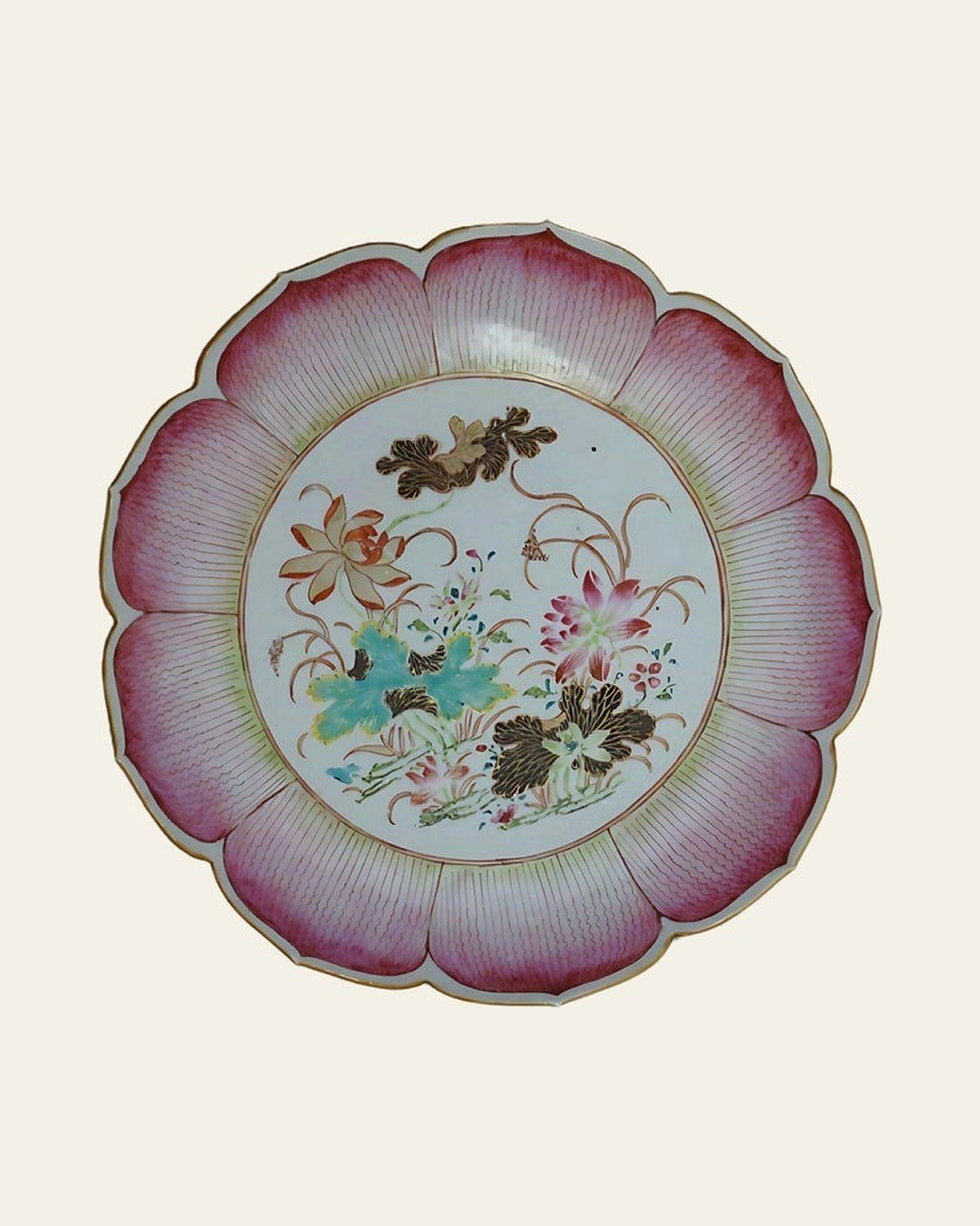 Qing dynasty famille rose porcelain dish after conservation and restoration treatment, front.
